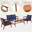 Pemberly Row 4PCS Outdoor Rattan Set Acacia Wood Table Cushioned Sofa Chair Navy