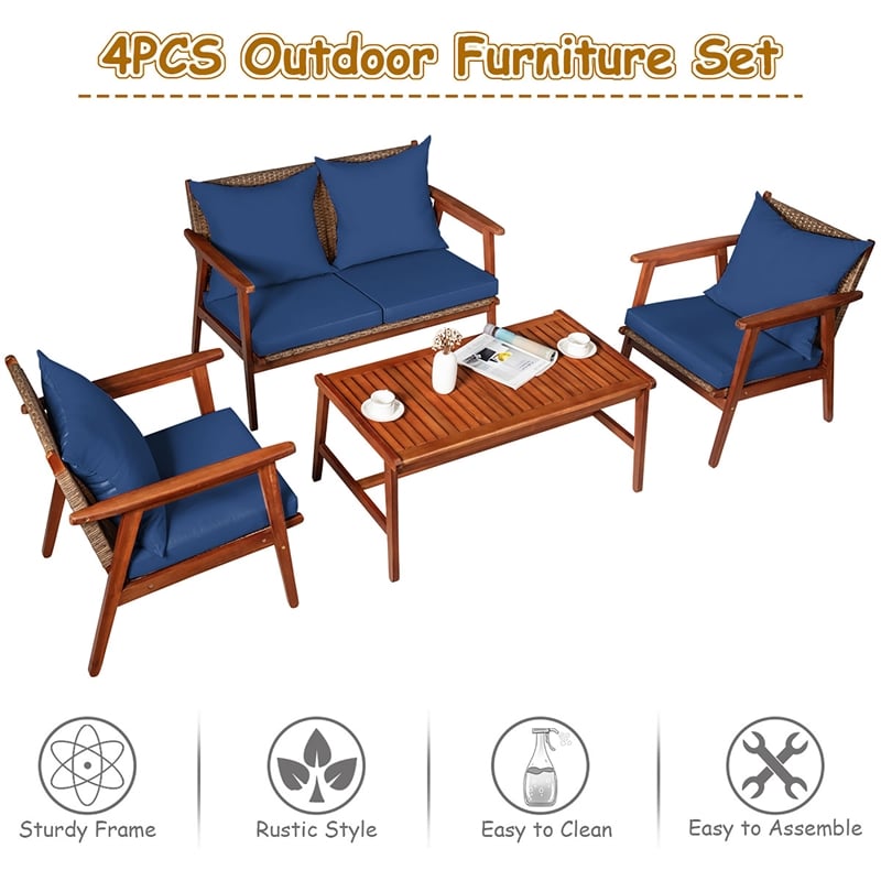 Pemberly Row 4PCS Outdoor Rattan Set Acacia Wood Table Cushioned Sofa Chair Navy