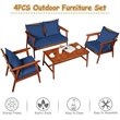 Pemberly Row 4PCS Outdoor Rattan Set Acacia Wood Table Cushioned Sofa Chair Navy