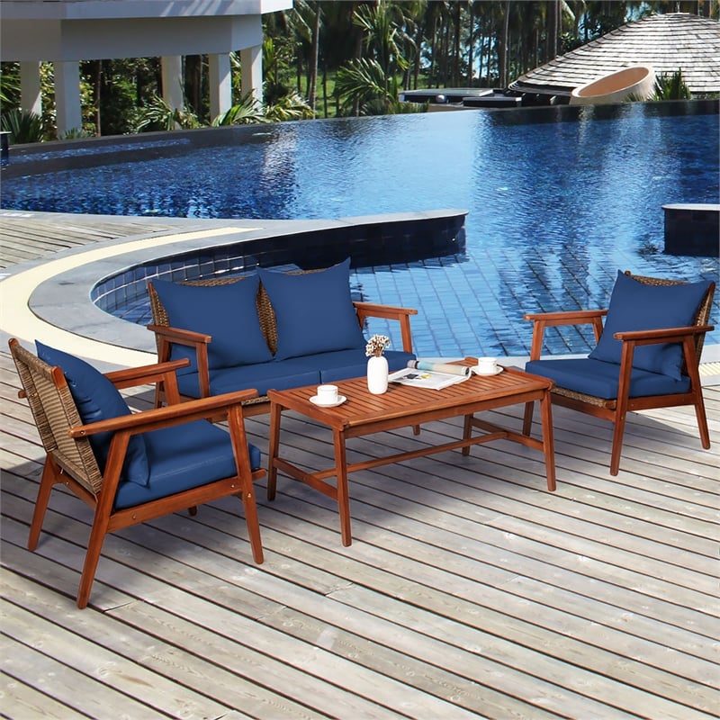 Pemberly Row 4PCS Outdoor Rattan Set Acacia Wood Table Cushioned Sofa Chair Navy