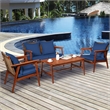 Pemberly Row 4PCS Outdoor Rattan Set Acacia Wood Table Cushioned Sofa Chair Navy