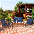 Pemberly Row 4PCS Outdoor Rattan Set Acacia Wood Table Cushioned Sofa Chair Navy
