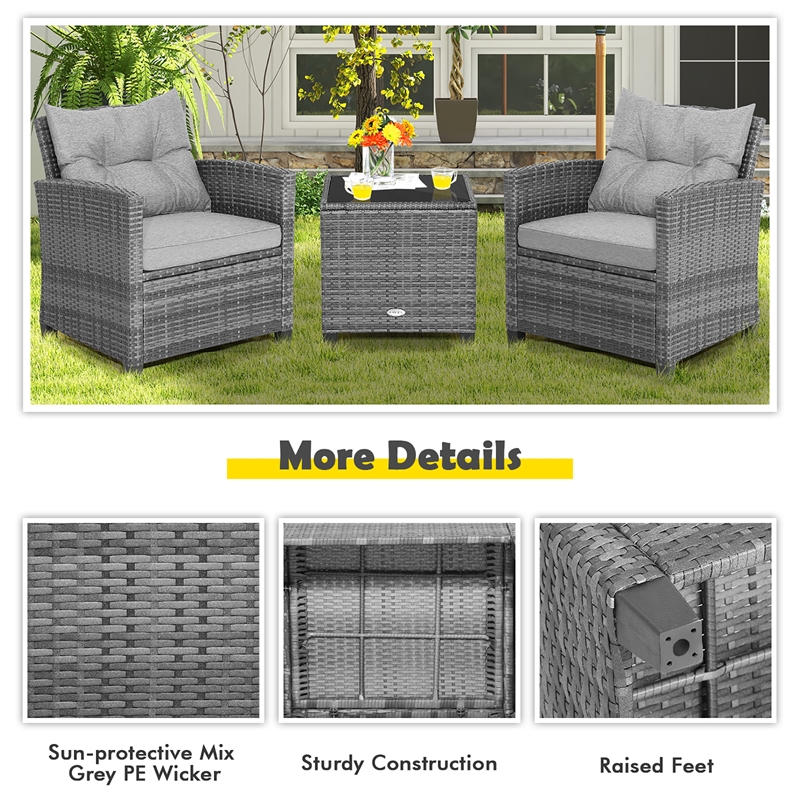 Pemberly Row 3PCS Patio Furniture Bistro Set Sofas Side Table Armrest Gray