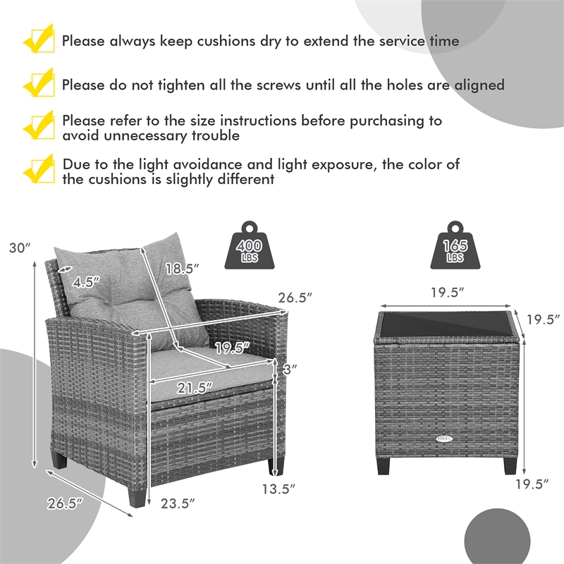 Pemberly Row 3PCS Patio Furniture Bistro Set Sofas Side Table Armrest Gray
