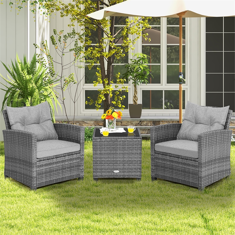 Pemberly Row 3PCS Patio Furniture Bistro Set Sofas Side Table Armrest Gray