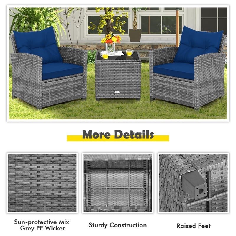 Pemberly Row 3PCS Patio Furniture Bistro Set Sofas Side Table Armrest Navy
