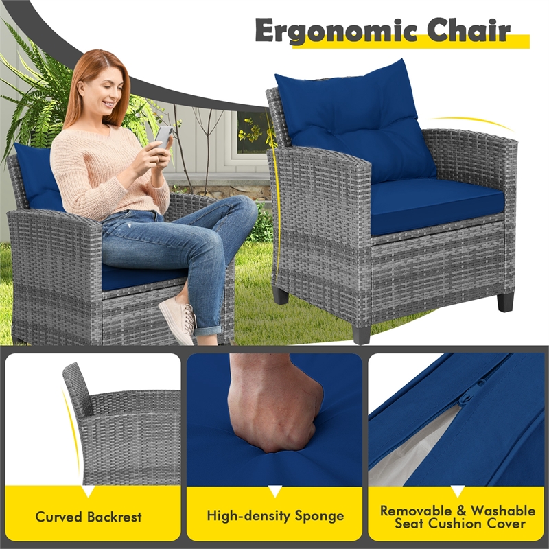 Pemberly Row 3PCS Patio Furniture Bistro Set Sofas Side Table Armrest Navy