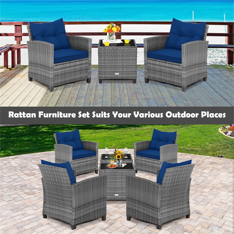 Pemberly Row 3PCS Patio Furniture Bistro Set Sofas Side Table Armrest Navy