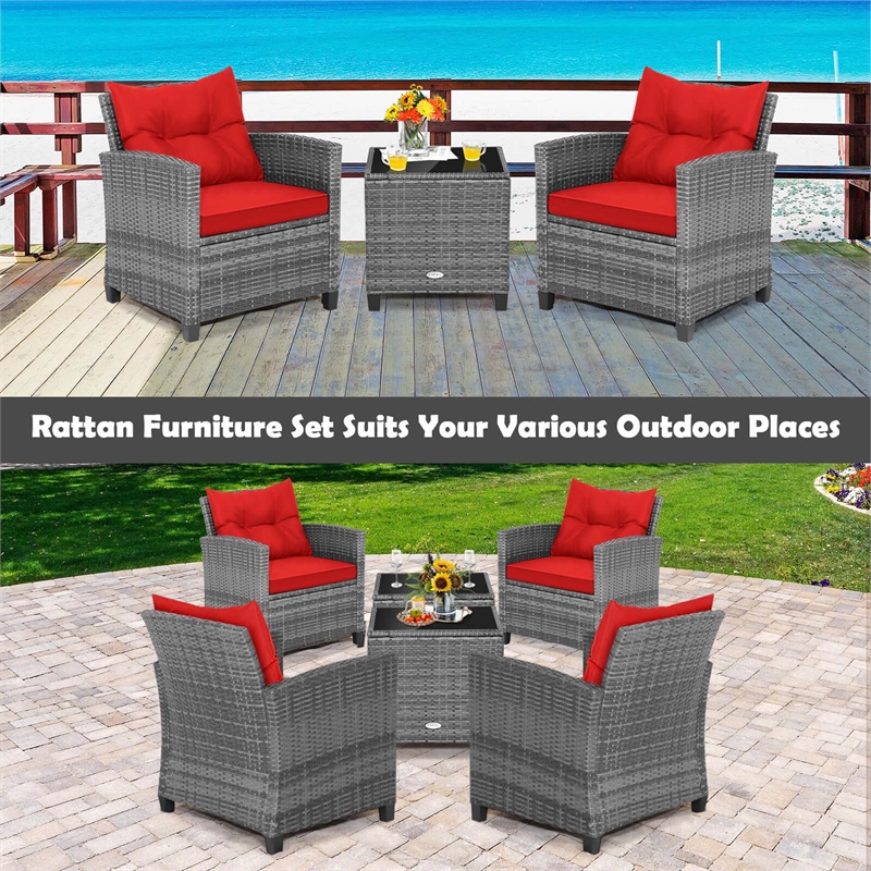 Pemberly Row 3PCS Patio Rattan Furniture Bistro Set Sofas Side Table Armrest Red