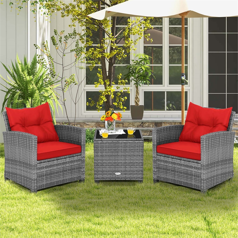 Pemberly Row 3PCS Patio Rattan Furniture Bistro Set Sofas Side Table Armrest Red