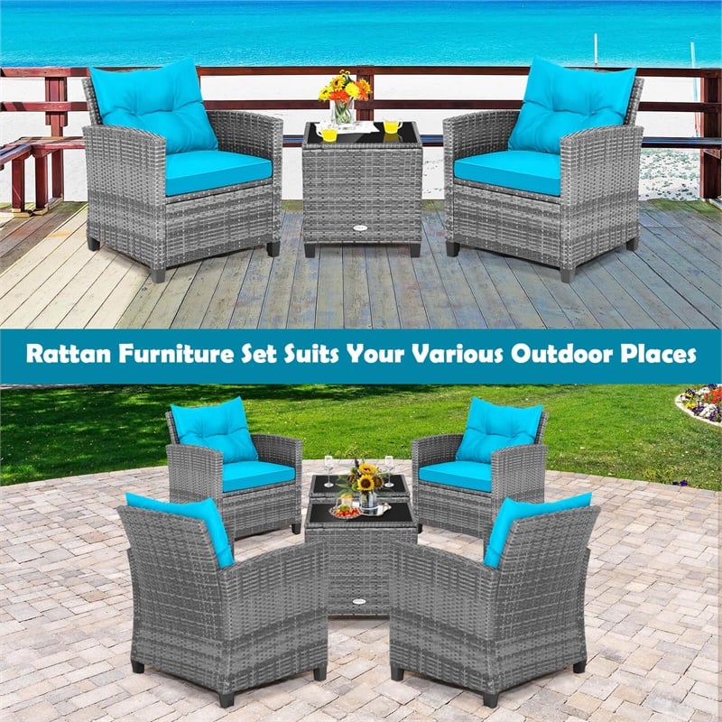 Pemberly Row 3PCS Patio Furniture Bistro Set Sofas Side Table Armrest Turquoise