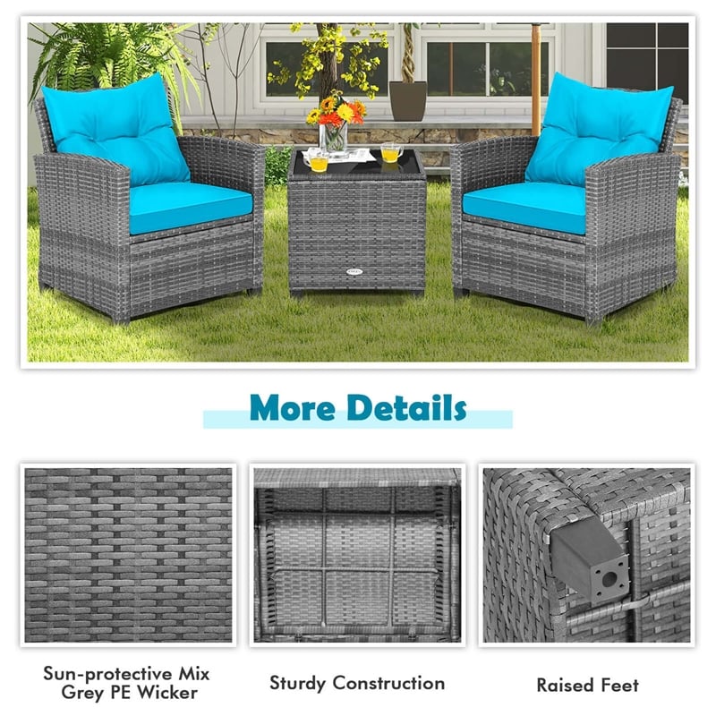 Pemberly Row 3PCS Patio Furniture Bistro Set Sofas Side Table Armrest Turquoise
