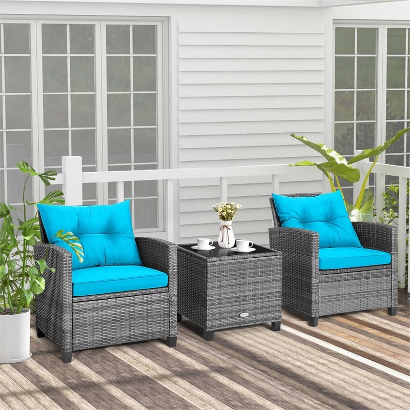 Pemberly Row 3PCS Patio Furniture Bistro Set Sofas Side Table Armrest Turquoise
