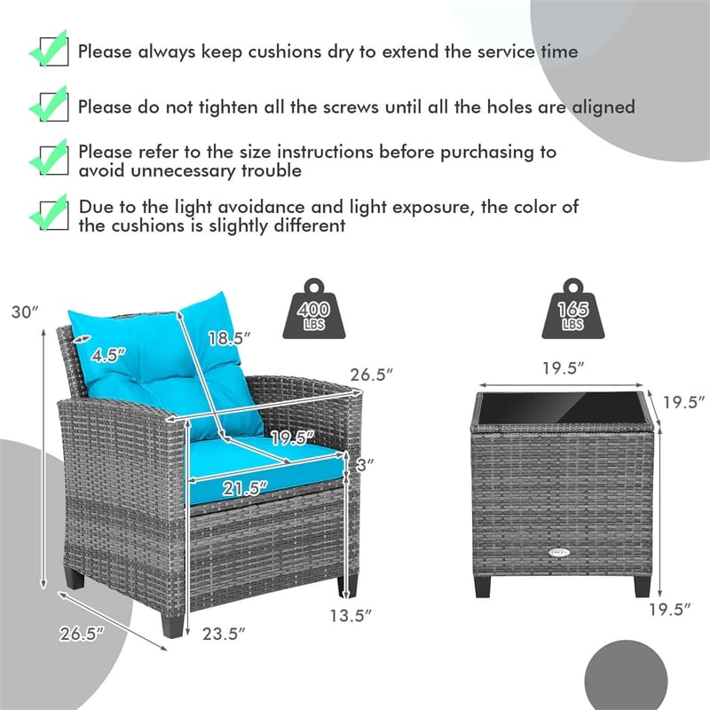 Pemberly Row 3PCS Patio Furniture Bistro Set Sofas Side Table Armrest Turquoise