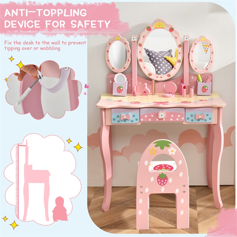 Pemberly Row Kids Vanity Princess Makeup Dressing Table Chair Set w/Mirror Pink