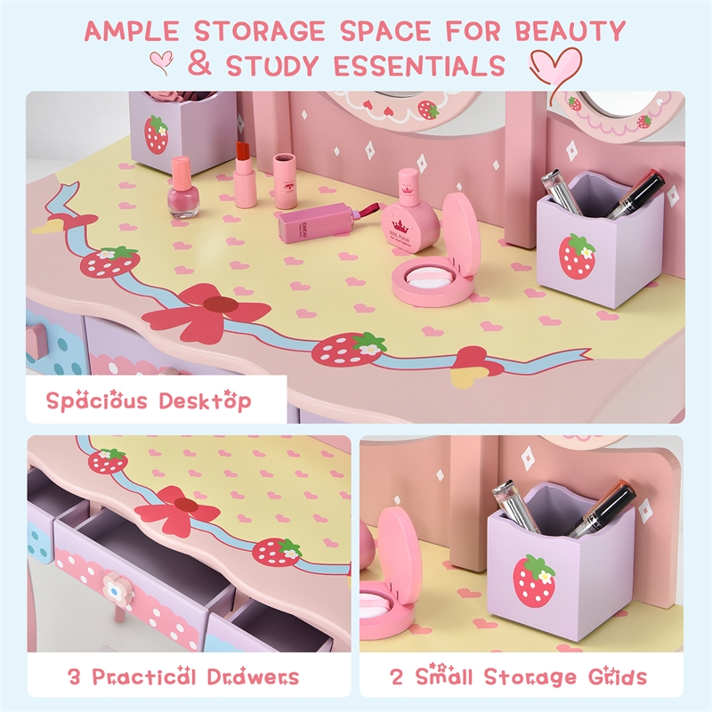 Pemberly Row Kids Vanity Princess Makeup Dressing Table Chair Set w/Mirror Pink