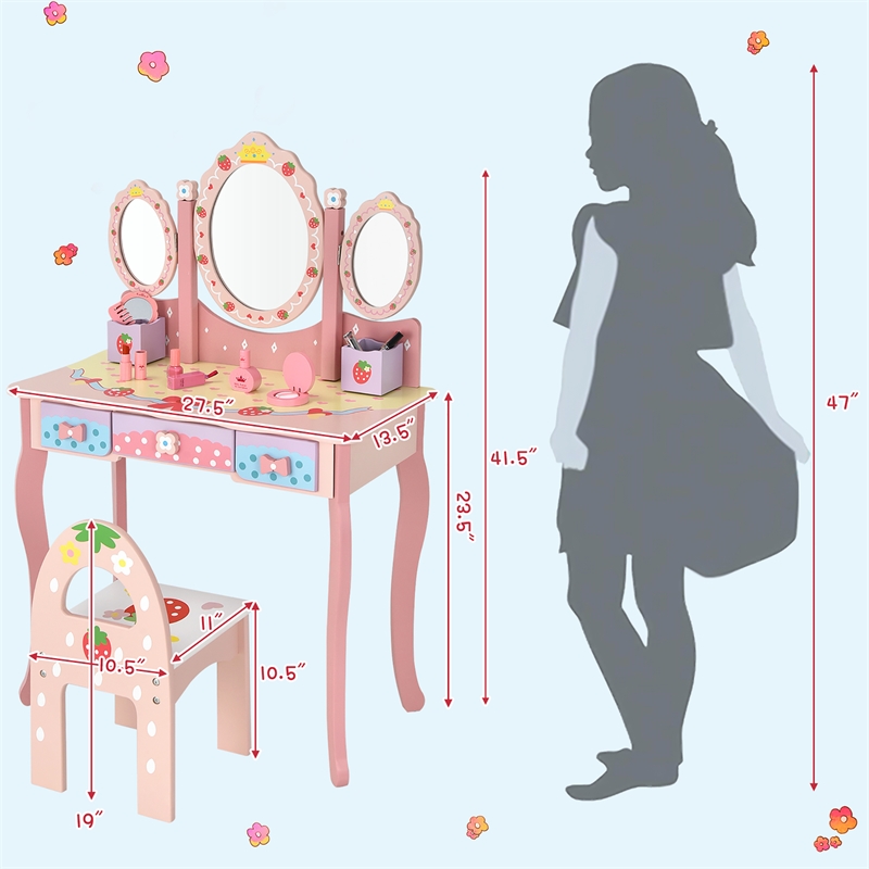 Pemberly Row Kids Vanity Princess Makeup Dressing Table Chair Set w/Mirror Pink