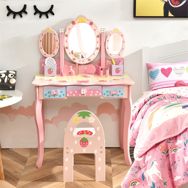 Pemberly Row Kids Vanity Princess Makeup Dressing Table Chair Set w/Mirror Pink