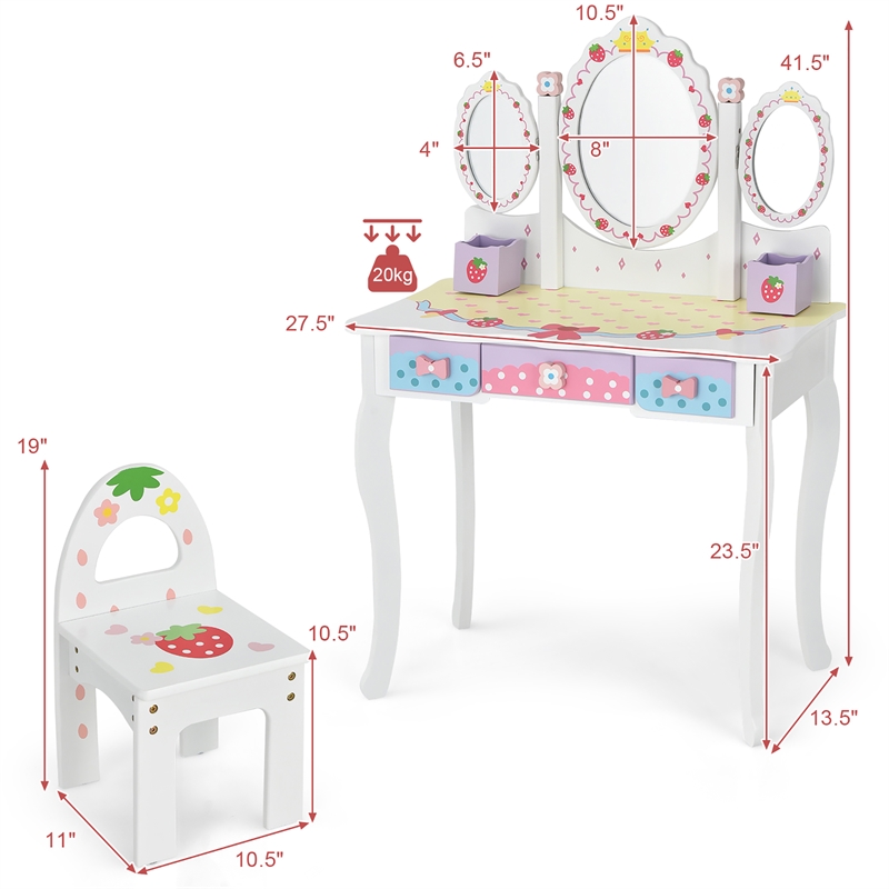 Pemberly Row Kids Vanity Princess Makeup Dressing Table Chair Set w/Mirror White