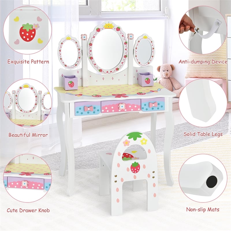Pemberly Row Kids Vanity Princess Makeup Dressing Table Chair Set w/Mirror White