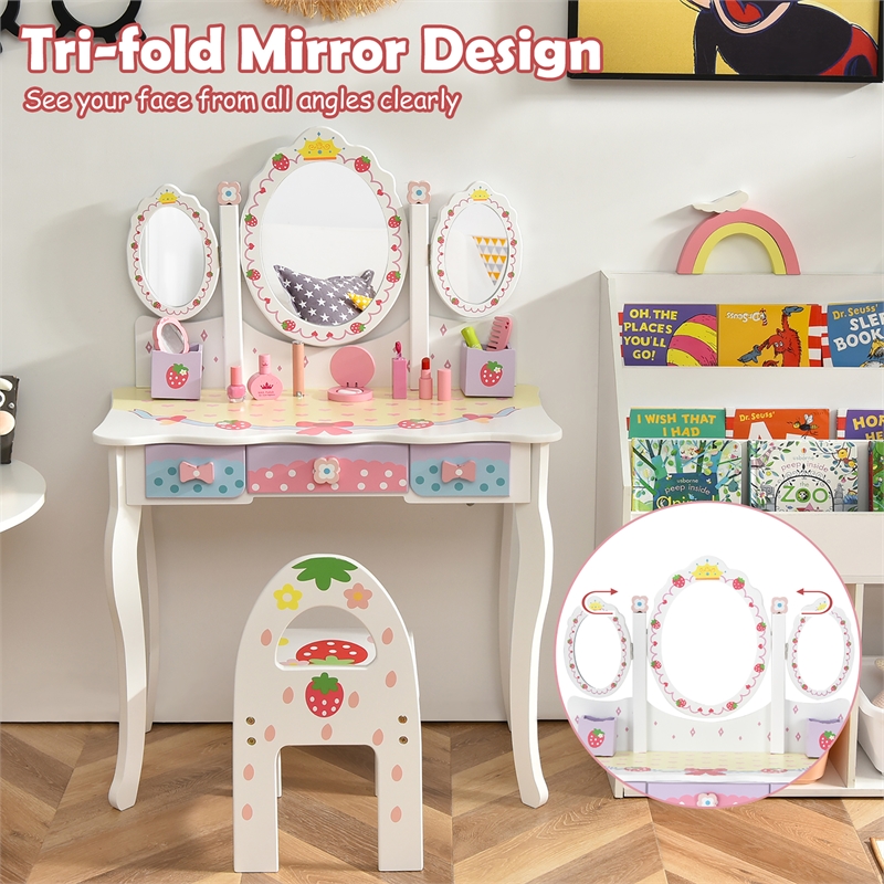 Pemberly Row Kids Vanity Princess Makeup Dressing Table Chair Set w/Mirror White
