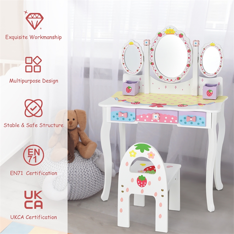 Pemberly Row Kids Vanity Princess Makeup Dressing Table Chair Set w/Mirror White