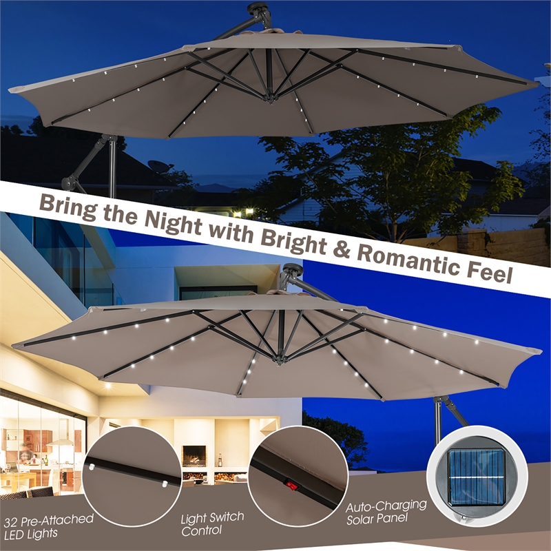 Pemberly Row Solar Powered 32LED Lighted Patio Offset Umbrella Outdoor Coffee