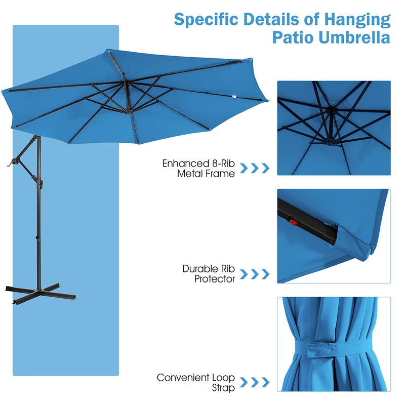 Pemberly Row 10FT Solar Powered 32LED Lighted Patio Offset Umbrella Outdoor Blue