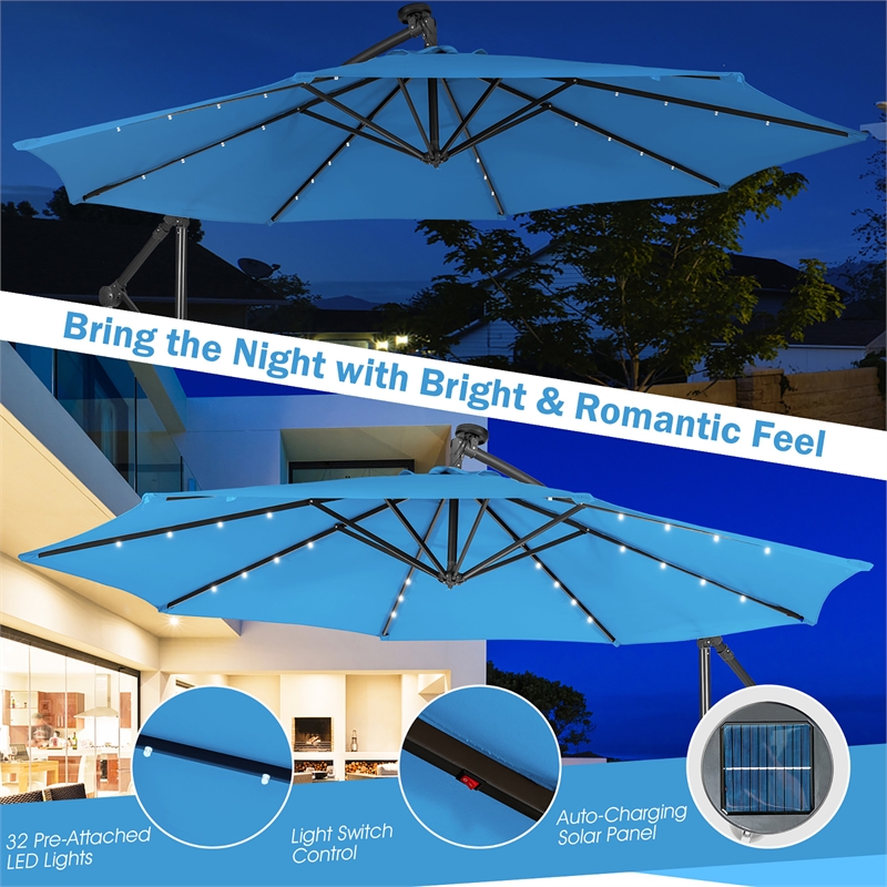 Pemberly Row 10FT Solar Powered 32LED Lighted Patio Offset Umbrella Outdoor Blue