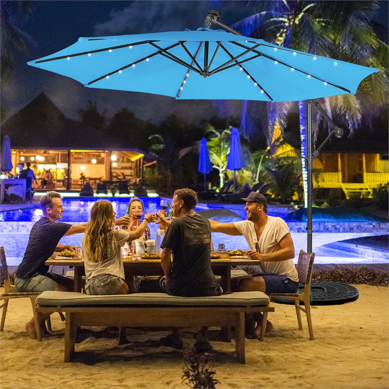 Pemberly Row 10FT Solar Powered 32LED Lighted Patio Offset Umbrella Outdoor Blue