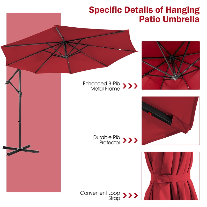 Pemberly Row Solar Powered 32LED Lighted Patio Offset Umbrella Outdoor Wine