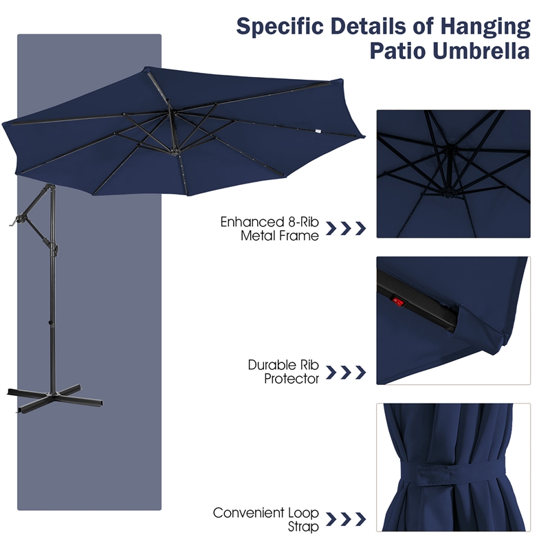 Pemberly Row Solar Powered 32LED Lighted Patio Offset Umbrella Outdoor Navy
