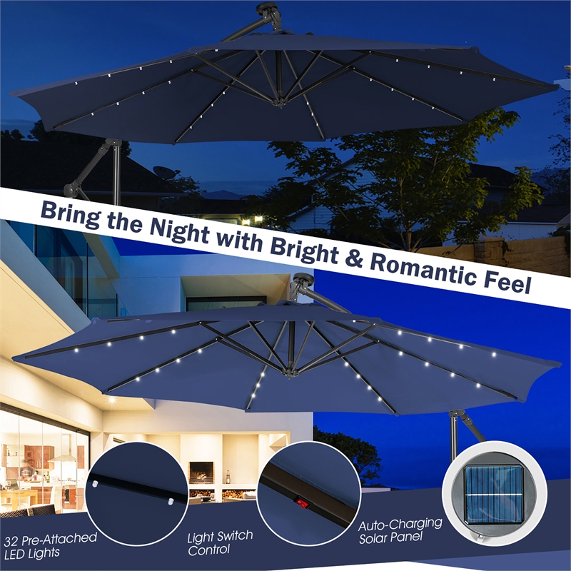 Pemberly Row Solar Powered 32LED Lighted Patio Offset Umbrella Outdoor Navy