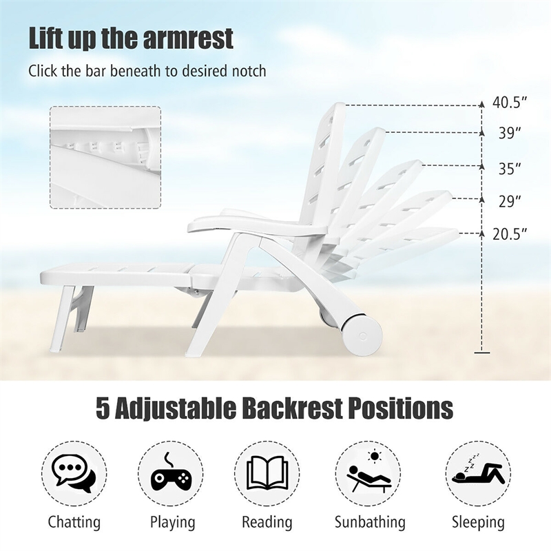 Pemberly Row Folding Patio Chaise Deck Chair Lounger 5 Position Recliner White