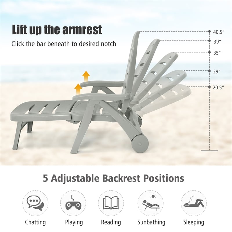 Pemberly Row Folding Patio Chaise Deck Chair Lounger 5 Position Recliner Gray