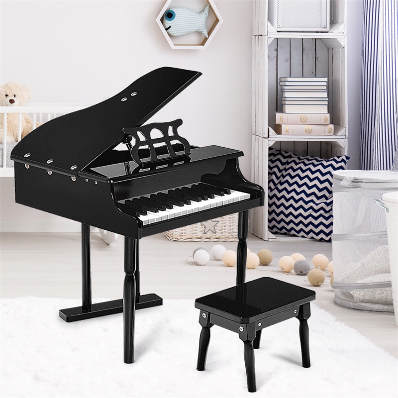 Pemberly Row Children 30 Key Toy Grand Baby Piano with Kids Bench Wood Black