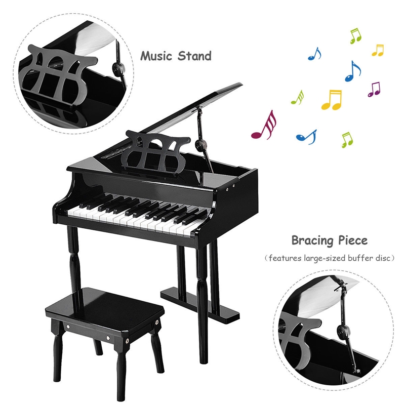Pemberly Row Children 30 Key Toy Grand Baby Piano with Kids Bench Wood Black