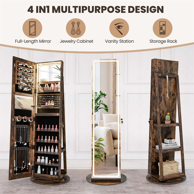 Pemberly Row Swivel Jewelry Cabinet Organizer 3 Color LED Mirror Built-in Lights