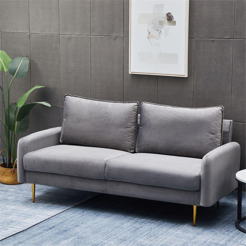 Pemberly Row Velvet Sofa Modern Couch with Metal Legs for Living Room-Gray