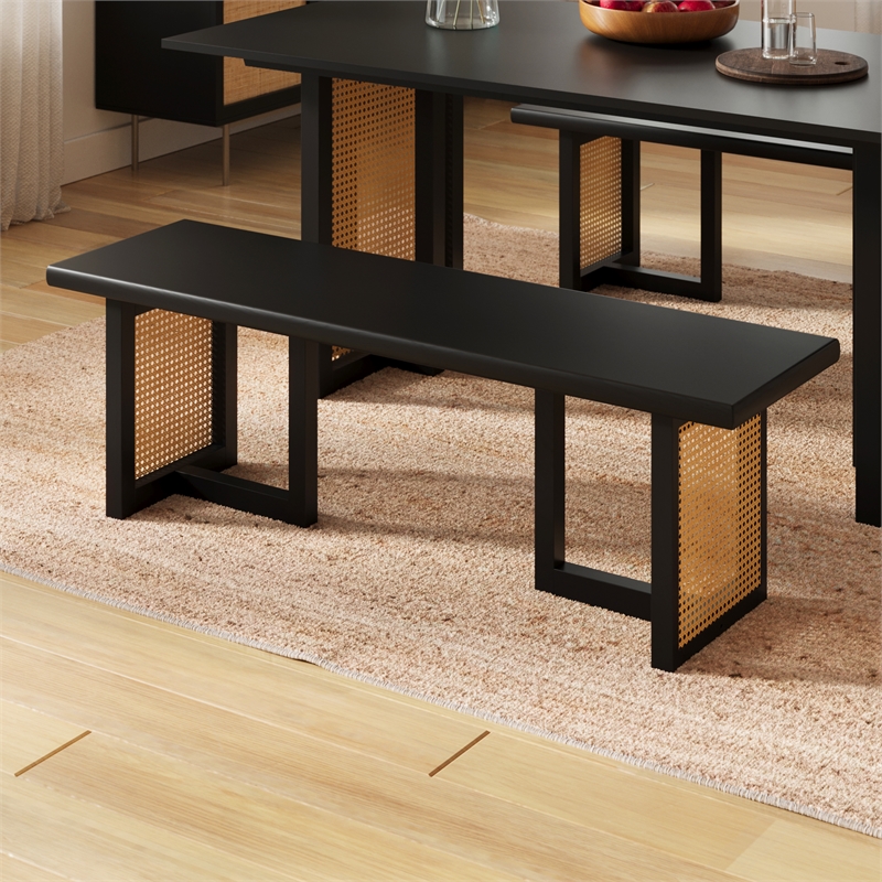 Pemberly Row Contemporary Rectangular Cane Dining Bench in Black