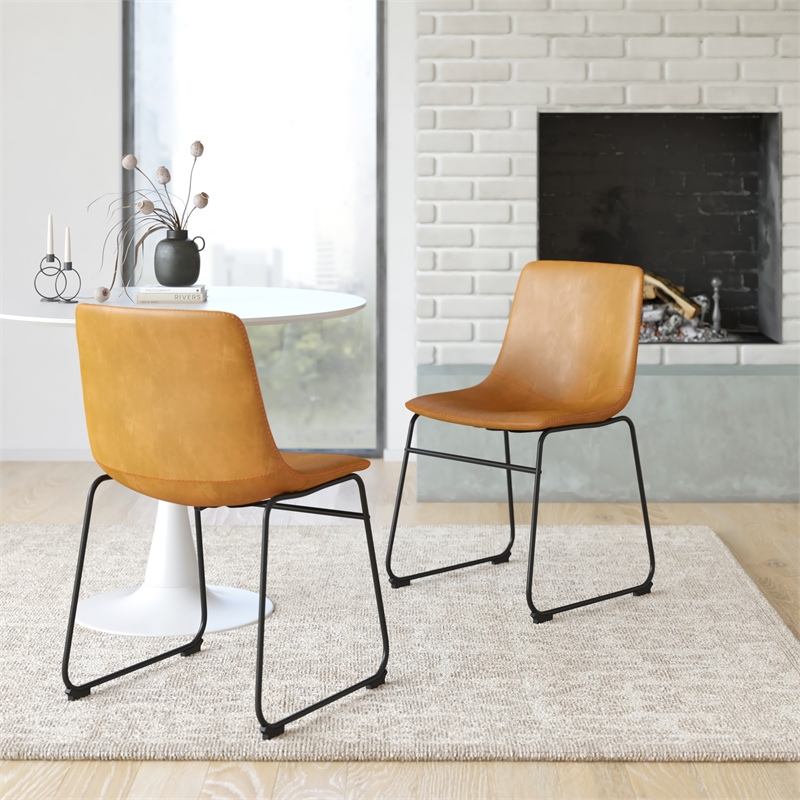 Pemberly Row Vegan Leather Side Chairs with Black Legs (Set of 2) in Light Oak