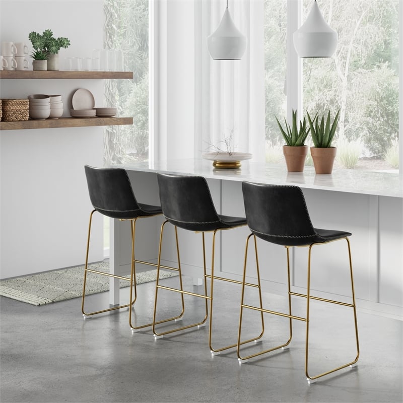 Pemberly Row Contemporary Bar Height Stools (Set of 2) in Black and Gold