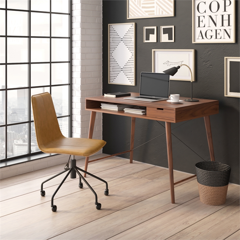 Pemberly Row Vegan Leather Rolling Swivel Task Chair in Light Brown