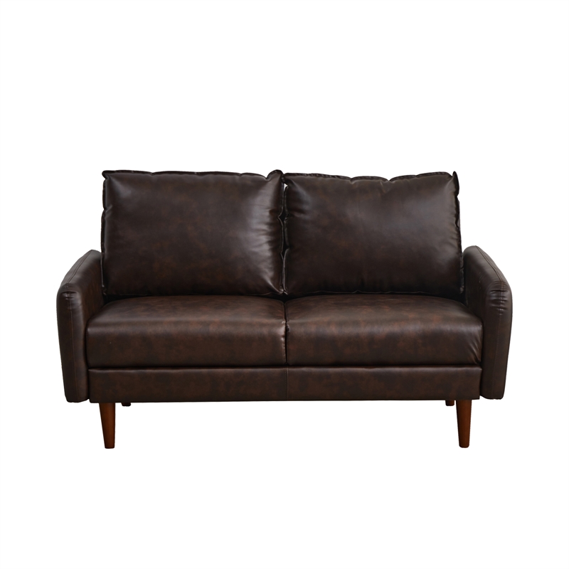 Pemberly Row Faux Leather Loveseat Modern Sofa with Wooden Legs Brown