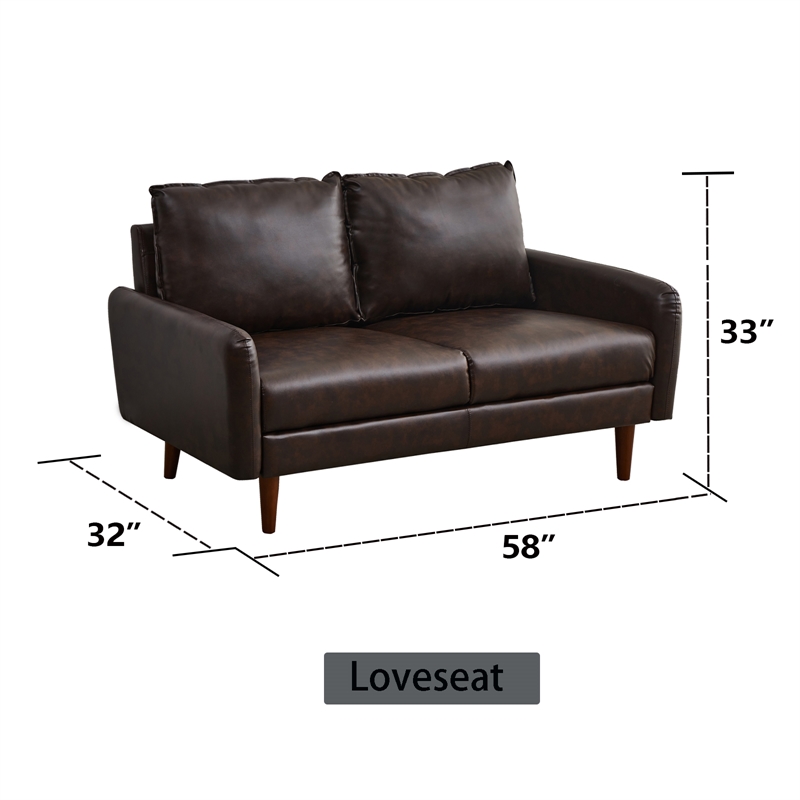 Pemberly Row Faux Leather Loveseat Modern Sofa with Wooden Legs Brown