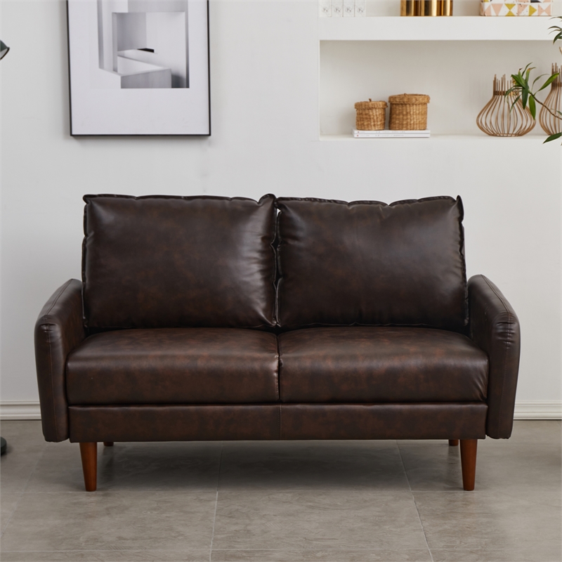 Pemberly Row Faux Leather Loveseat Modern Sofa with Wooden Legs Brown