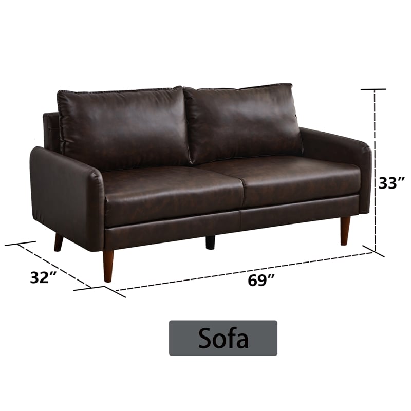 Pemberly Row Faux Leather Sofa Modern Couch with Wooden Legs Brown