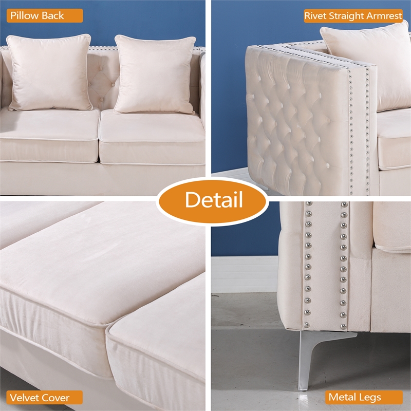 Pemberly Row Velvet Sofa Modern Loveseat with Button-Tufted & Metal Legs Beige