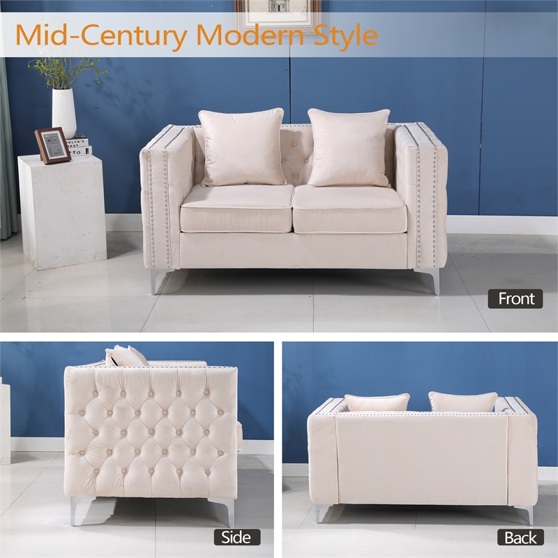 Pemberly Row Velvet Sofa Modern Loveseat with Button-Tufted & Metal Legs Beige