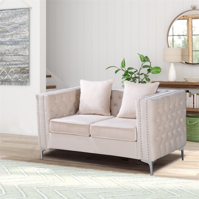 Pemberly Row Velvet Sofa Modern Loveseat with Button-Tufted & Metal Legs Beige